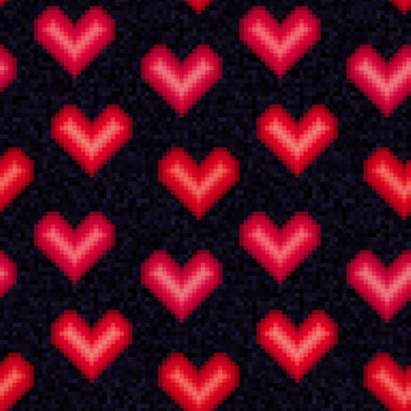 Pixel hearts pattern. Cartoon pixels heart background. Trendy old game style. Pixels love texture....