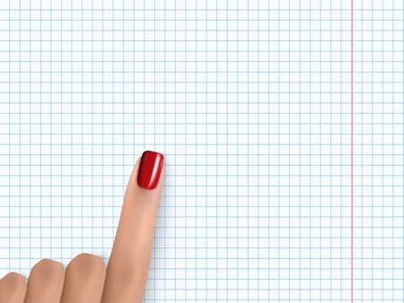Finger pointing. Finger point on white paper. Realistic female hand with red polish nails. Vector illustration for web design, education or business creative projects.のイラスト素材