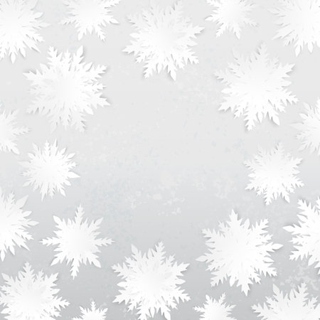 Merry Christmas poster. Snowflakes origami. Happy New Year. Winter holidays background. Cutout snow. New Year design. 3d postcard. Greeting card. Abstract snowfall banner. Paper cut vector.のイラスト素材
