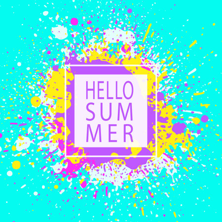 Paint stains. Grunge background. Ink splatter poster design. Spray drops. Blots and splashes. Liquid stains banner or cover. Hello summer. Abstract vector template.のイラスト素材