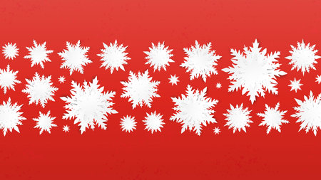 Merry Christmas poster. Snowflakes origami. Happy New Year. Winter holidays background. Cutout snow. New Year design. 3d postcard. Greeting card. Abstract snowfall banner. Paper cut vector.のイラスト素材
