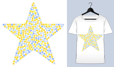Rhinestones star. Transfer iron heat ornament. Gems, diamonds, jewelry decor. Embroidery. T-shirt simple mockup. Rhinestones appligue hot fix. Print for fabric or denin. Fashion trend.のイラスト素材