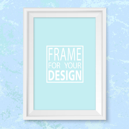 Frame on blue grunge wall. White photoframe mockup. Modern trendy empty framing for your design. Vector picture frame template for painting, drawing, poster, quote or photo.のイラスト素材