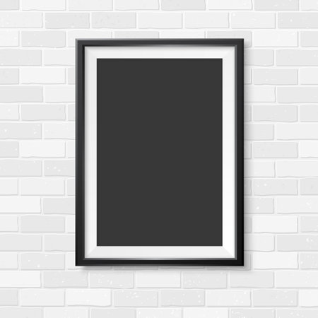 Photoframe mock up. Vertical frame on brick wall. Vector template ready for presentation design. Black framing for drawing, painting or photo.のイラスト素材