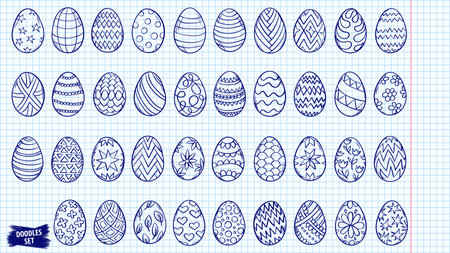 Easter eggs doodle set. Spring holiday symbols. Egg ornaments sketch. Hand drawn style scrawl. Set of simple doodles. Kids drawing. Vector collection isolated on white.のイラスト素材