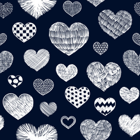 Hearts doodles pattern. Valentines day background. Romantic texture. Hand drawn effect vector. Wedding and marriage doodles. Love theme sketches. Hearts scribbles.のイラスト素材