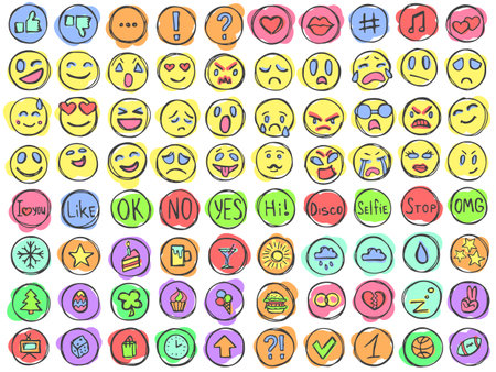 Emoticons doodle set. Emoji collection. Avatars and smiles signs. Big set of 80 simple doodles. Colorful pencil effect. Isolated on white background.のイラスト素材