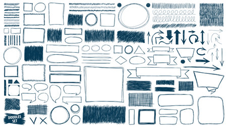 Doodles set. Scribble collection. Quirky sketches. Scrawl elements. Hand drawn effect vector. Pen lines. Frames. Notebook drawings for your design. Simple strokes.のイラスト素材