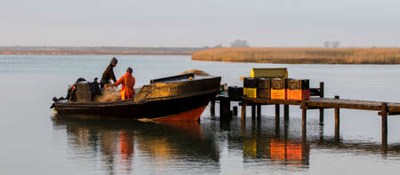 Fisherman on anchored boat busy with their netのeditorial素材