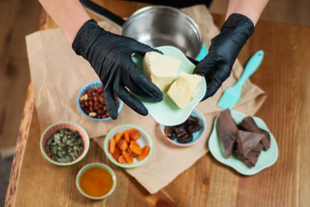 ingredients for making handmade chocolates and the process of making themの写真素材