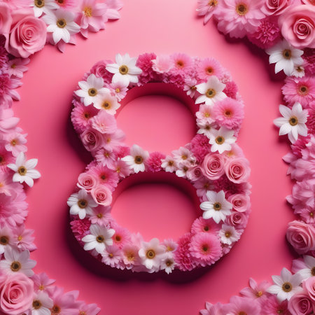 Number 8 made of natural flowers. Spring flower numbers concept isolated on pastel pink background. Top view Creative Greeting Card for March 8th, International Womens Day.の素材
