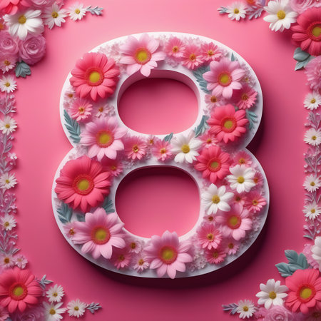 Number 8 made of natural flowers. Spring flower numbers concept isolated on pastel pink background. Top view Creative Greeting Card for March 8th, International Womens Day.の素材