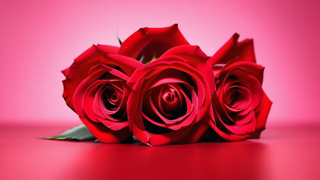 Red roses on pink background. Bouquet of flowers postcard. Space for text copy space. Anniversary celebration. February 14, Valentines Day. Soft lightの素材