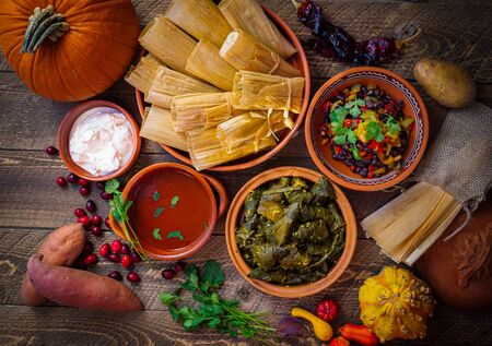 Festive Mexican tamales and side dishesの写真素材