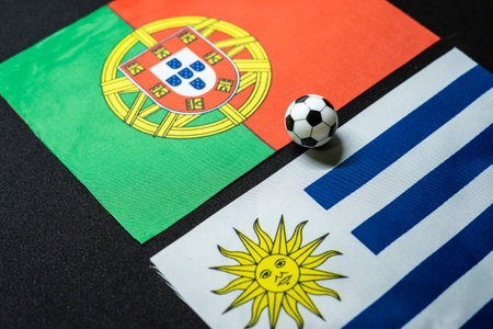 Portugal vs Uruguay, Football match with national flagsの写真素材