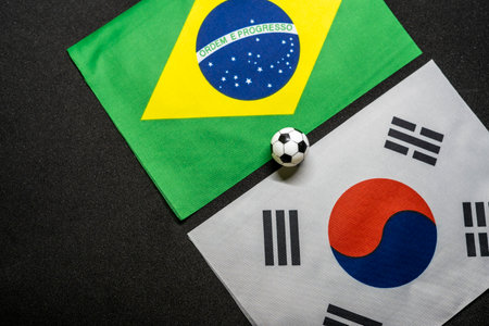 Brazil vs South Korea, Football match with national flagsの写真素材