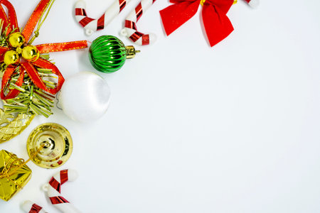 Christmas composition. Christmas gifts, ornaments with copy space for your textの写真素材