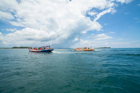 two boat boats on the beach, Bangka Belitung, Indonesiaの写真素材