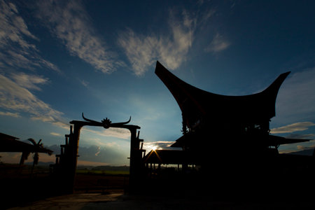 Silhouette Torajan houses (tongkonan), Sulawesi Indonesiaの写真素材