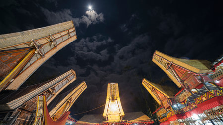 Tongkonan in the night Toraja, Sulawesi, Indonesiaの写真素材