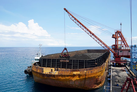 unloading coal in large boatの写真素材
