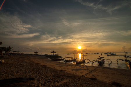 traditional Balinese ships on Sanur beach a Bali, Indonesiaの写真素材