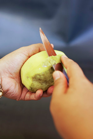 close up woman opening fresh ripe mango with a knifeの写真素材