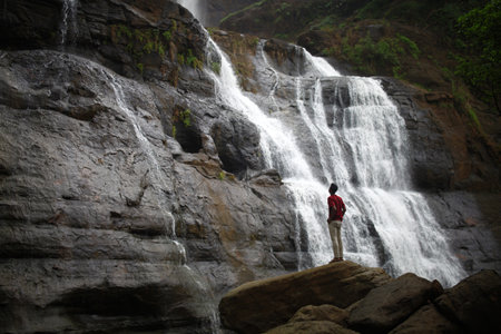 curug cikanteh (cikanteh waterfall) One Of beautiful waterfalls at Ciletuh Geopark, Sukabumi, West Java Indonesiaの写真素材