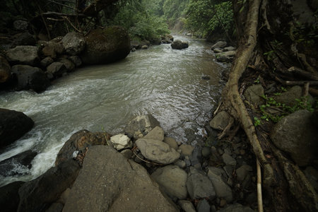 The river is rocky and the water is murkyの写真素材