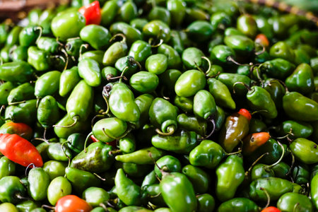 Green chilies are sold in traditional marketsの写真素材