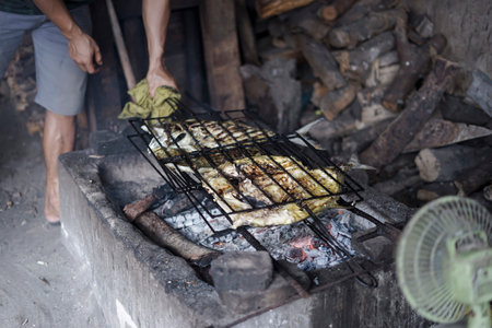 Burning fish using charcoal with a traditional Indonesian fireplaceの写真素材