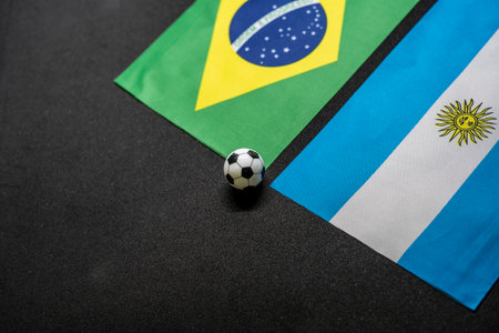 Brazil vs Argentina, Football match with national flagsの写真素材