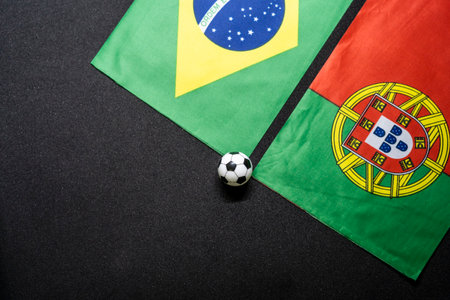 Brazil vs Portugal, Football match with national flagsの写真素材