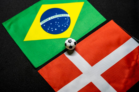 Brazil vs Denmark, Football match with national flagsの写真素材