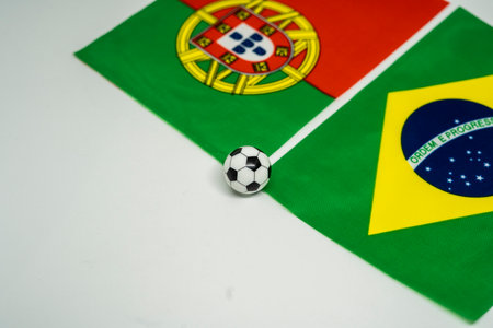 Brazil vs Portugal, Football match with national flagsの写真素材