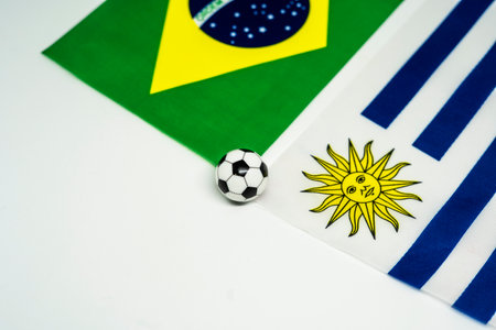 Brazil vs Uruguay, Football match with national flagsの写真素材