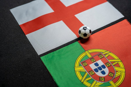 England vs Portugal, Football match with national flagsの写真素材