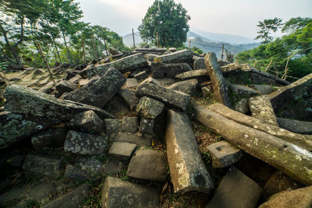 Megalithic sites Gunung Padang, Cianjur, West Java, Indonesiaの写真素材