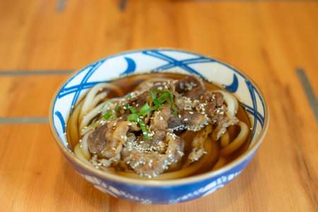 Japanese Cuisine hot soup udon noodle as kake udon with a mild broth called kakejiru made from dashi, soy sauce, and mirin. It is usually topped with thinlyの写真素材