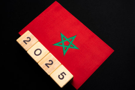 2025, Morocco flag with date block, Concept, Important events for Morocco in the new year, election, economy, social activities, central bankの写真素材
