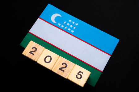 2025, Uzbekistan, Uzbekistan flag with date block, Concept, Important events for Uzbekistan in the new year, election, economy, social activities, central bank, Uzbekistan foreign policyの写真素材