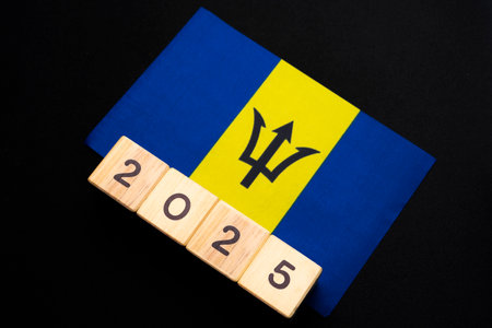 2025, Barbados flag with date block, Concept, Important events for Barbados in the new year, election, economy, social activities, central bankの写真素材