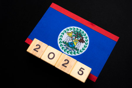 2025, Belize, Belize flag with date block, Concept, Important events for Belize in the new year, election, economy, social activities, central bank, Belize foreign policyの写真素材