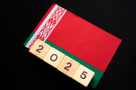 2025, Belarus flag with date block, Concept, Important events for Belarus in the new year, election, economy, social activities, central bank, Belarus foreign policyの写真素材