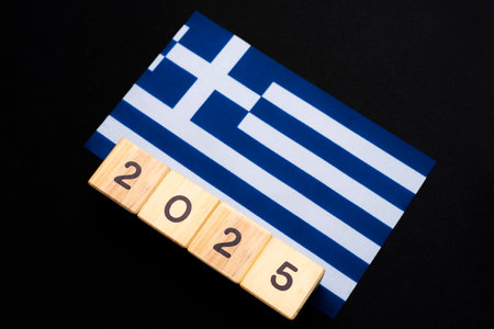 Greece flag with date block, Concept, Important events for Greece the new year, election, economy, social activities, central bank, Greece foreign policyの写真素材