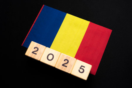 Romania flag with date block, Concept, Important events for Romania the new year, election, economy, social activities, central bank, Romania foreign policyの写真素材