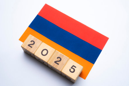 2025, Armenia flag with date block, Concept, Important events for Armenia the new year, election, economy, social activities, central bank, Armenia foreign policyの写真素材