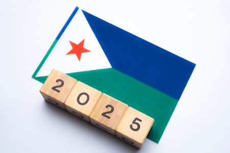 2025, Djibouti, Djibouti flag with date block, Concept, Important events for Djibouti in the new year, election, economy, social activities, central bank, Djibouti foreign policyの写真素材