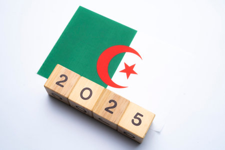 2025, Algeria Flag with date block, Concept, Important events for Algeria the new year, election, economy, social activities, central bank, Algeria foreign policyの写真素材
