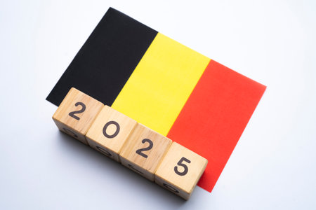 2025, Belgium flag with date block, Concept, Important events for Belgium the new year, election, economy, social activities, central bank, Belgium foreign policyの写真素材